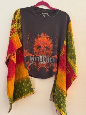 METALLICA Cropped Band Tee with Kantha Sleeves. Distressed edges. Handmade